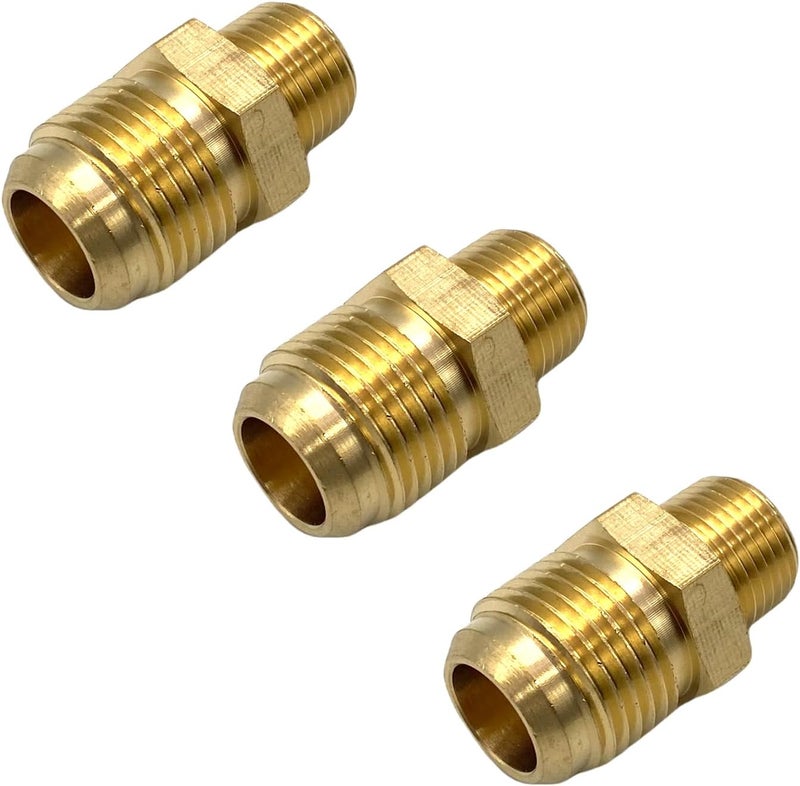 Bumugufu 3 Pcs Brass Flare Tube Fittings, 3/8 Inch NPT x 5/8" Flare Male Half-Union Gas Adapters for LP and Natural Gas and Fuel System - Image 1